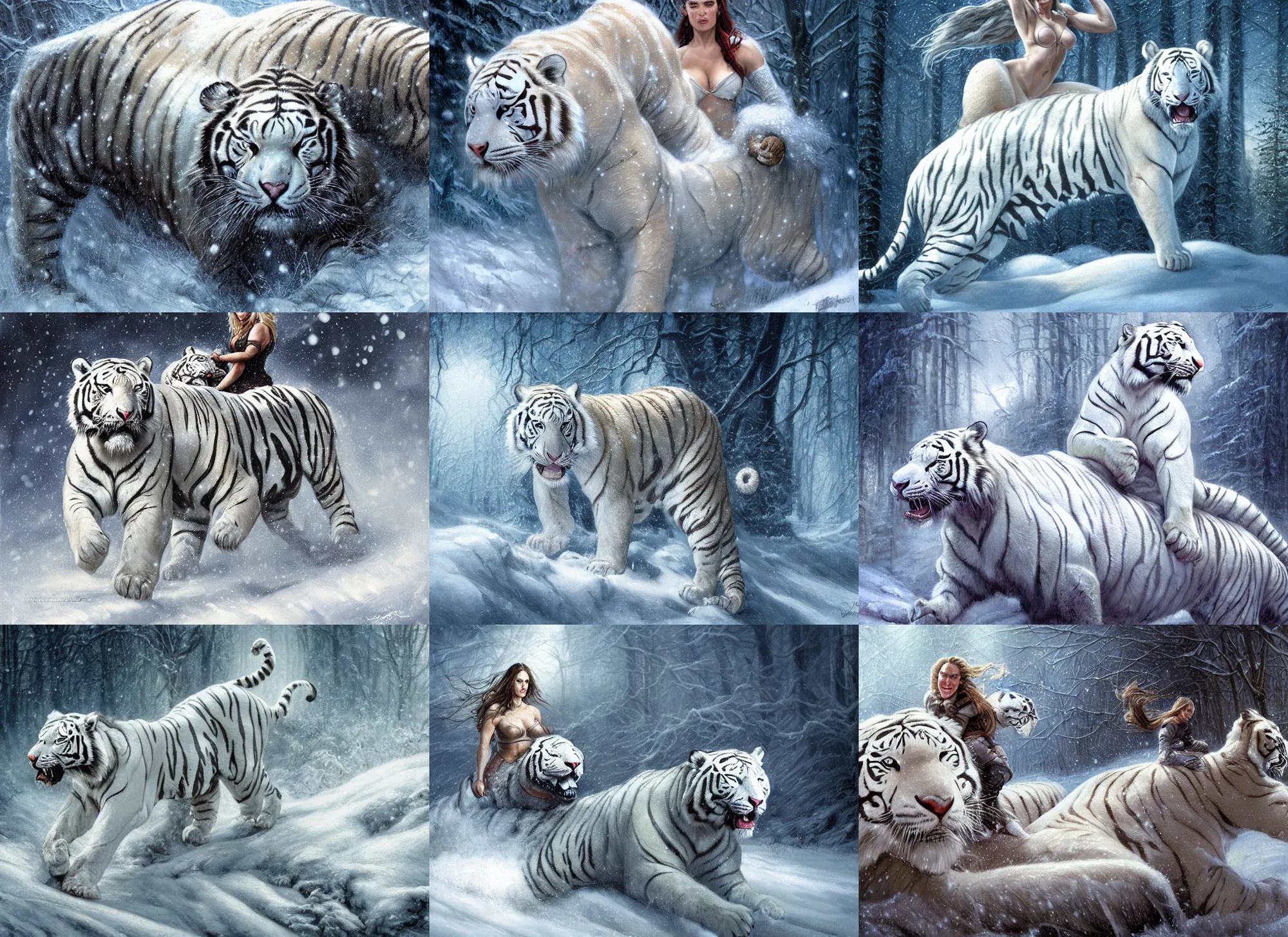 Prompt: portrait of muscled Jennifer Connelly riding a fierce large white tiger, wintery scene, snow storm, Donato Giancola, Mark Brooks, Ralph Horsley, Charlie Bowater, Artgerm, Christopher Balaskas, Bastien Lecouffe-Deharme