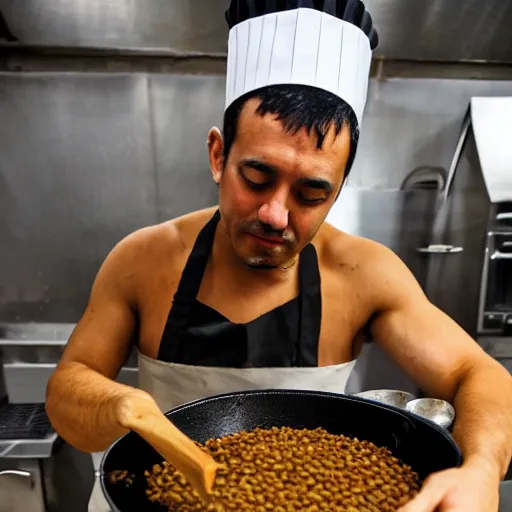 Image similar to karlos arguinano wearing a chef's hat cooking some lentils in hell