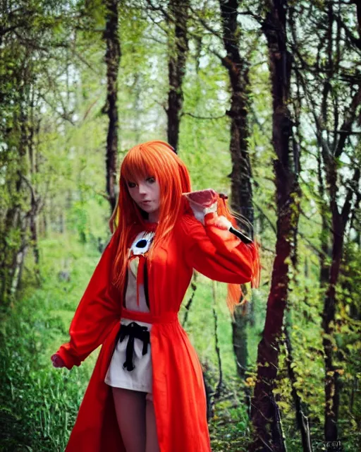 Image similar to very beautiful and cute Asuka Langley (face by Ross Tran) from neon genesis evangelion as a real slavic person dressed as a slavic priestess in holy birch forest in spring, 35mm, iPhone photo, HDR, DSLR, cinematic, trending on Instagram, 8k, 4k