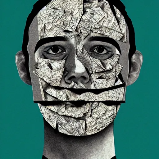 Image similar to man face shredded like paper peeling, dark, surreal, illustration, by ally burke