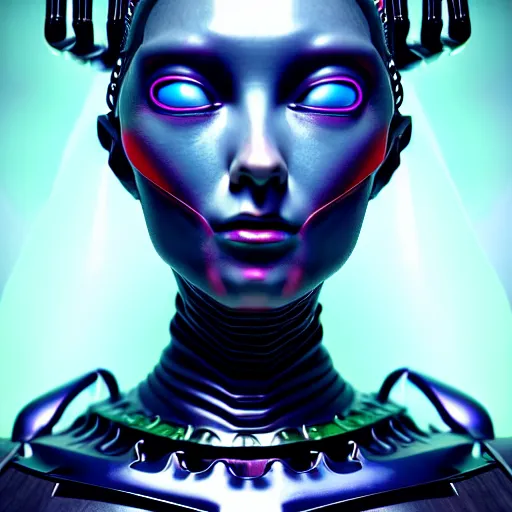 Image similar to Colour aesthetic Caravaggio style full body Photography of Highly detailed beautiful cybertronic alienWoman with 1000 year old detailed face wearing highly detailed retrofuturistic sci-fi Neural interface designed by Hiromasa Ogura . In style of Josan Gonzalez and Mike Winkelmann and andgreg rutkowski and alphonse muchaand and Caspar David Friedrich and Stephen Hickman and James Gurney and Hiromasa Ogura. Rendered in Blender and Octane Render volumetric natural light