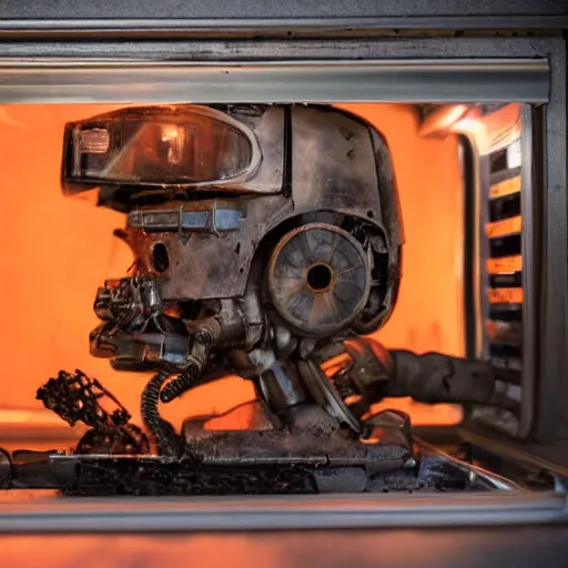 Image similar to head of toaster oven mecha, dark messy smoke - filled cluttered workshop, dark, dramatic lighting, orange tint, cinematic, highly detailed, sci - fi, futuristic, movie still