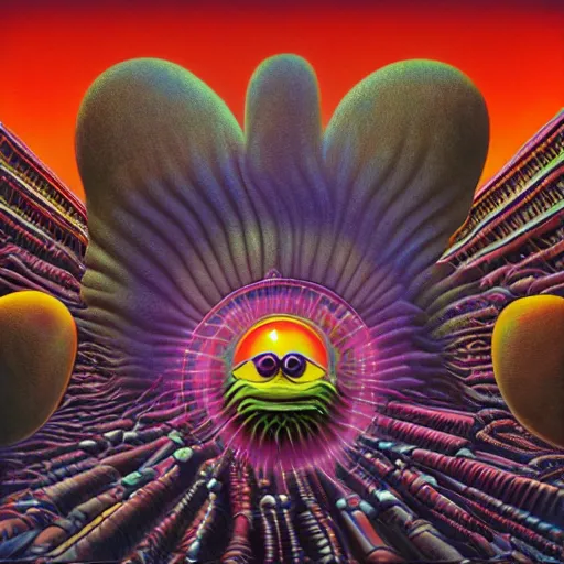 Image similar to animal the muppet on tool album cover, 8 k resolution hyperdetailed scary dystopian surrealism style of alex grey