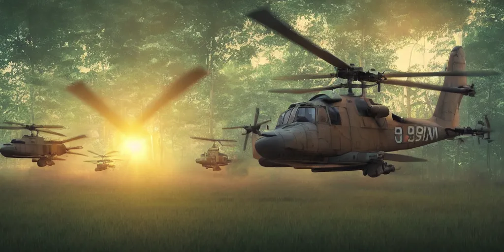 Prompt: Painting of vietnam Huey Helicopters, above a forest, orange sun set, abstract, realism, 8k, high details, octane render, glow, war, 3d render,