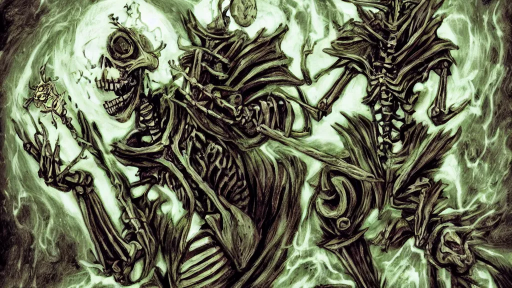 Image similar to an artwork of a skeleton overlord magician casting a spell with green ornaments, dark souls style