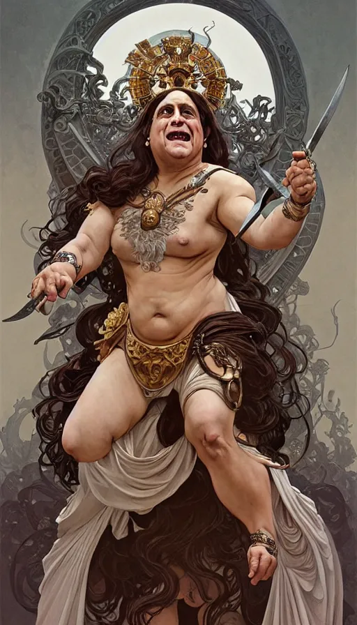 Image similar to danny devito as the roman goddess of chaos!! intricate elegant, highly detailed, digital painting, artstation, concept art, smooth, sharp focus, illustration, art by ( ( ( artgerm ) ) ) and greg rutkowski! and ( ( alphonse mucha ) ), heavily influenced by frank frazetta and boris vallejo, sword and sorcery