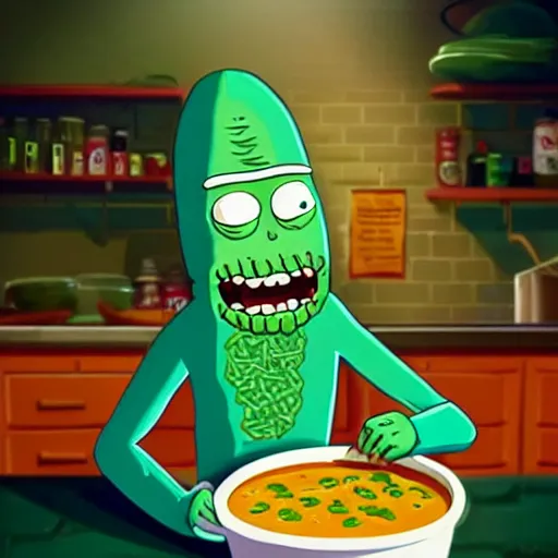 Image similar to pickle rick serving in a soup kitchen, pickle rick serving soup, kindness, detailed portrait, matte painting