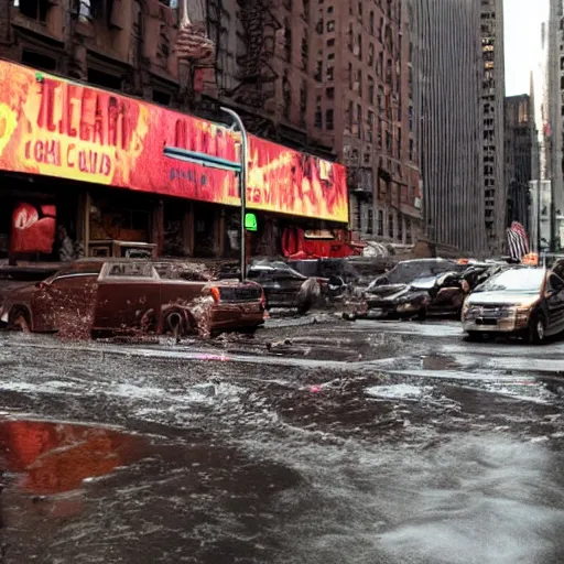 Image similar to tsunami of liquid chocolate on new york, post apocalyptic, cinematic