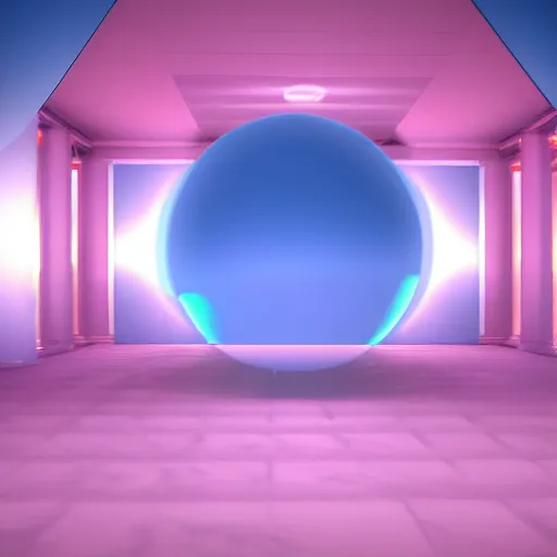Image similar to surreal 3 d vaporwave raytraced scene, global illumination, floating illuminated orbs, pink staircase, trending on artstation, masterpiece