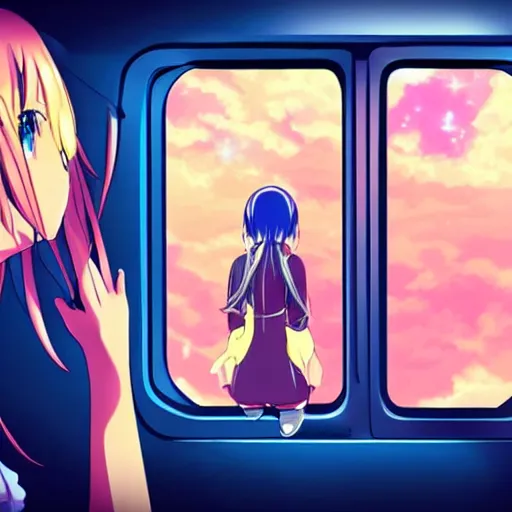 Image similar to an anime girl inside a spaceship looking out a window into space, anime style