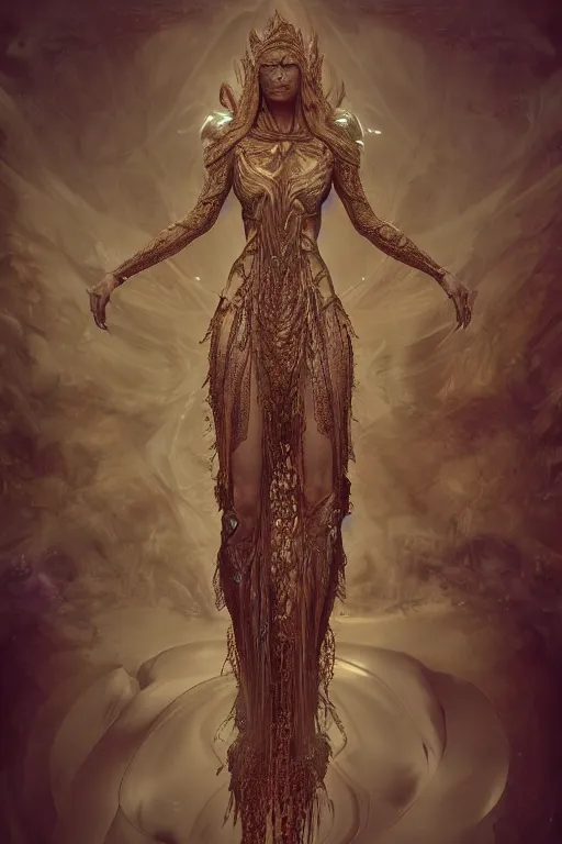 Image similar to a realistic moody photo of a beautiful ancient alien woman goddess kate moss durga standing in iris van herpen dress jewelery and fractals in style of alphonse mucha art nuvo dmt trending on artstation made in unreal engine 4