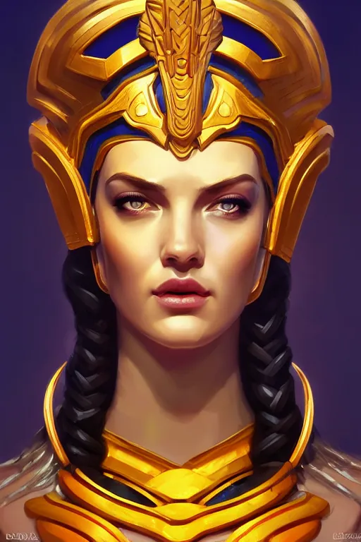 Prompt: The Godess Hera looking angry, detailed armor, portrait radiating a glowing aura, highly detailed, digital painting, artstation, concept art, smooth, sharp focus, beautiful face, symmetric face, enchanted, official fanart, behance, HD, blue and yellow theme, by Lois van baarle and Ross Tran