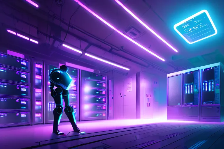 Prompt: realistic robot in a data server room, neon and dark, purple and blue color scheme, dan mumford, inception, blade runner, the fifth element, fisheye, volumetric octane render, by ruan jia and ross tran, malevich