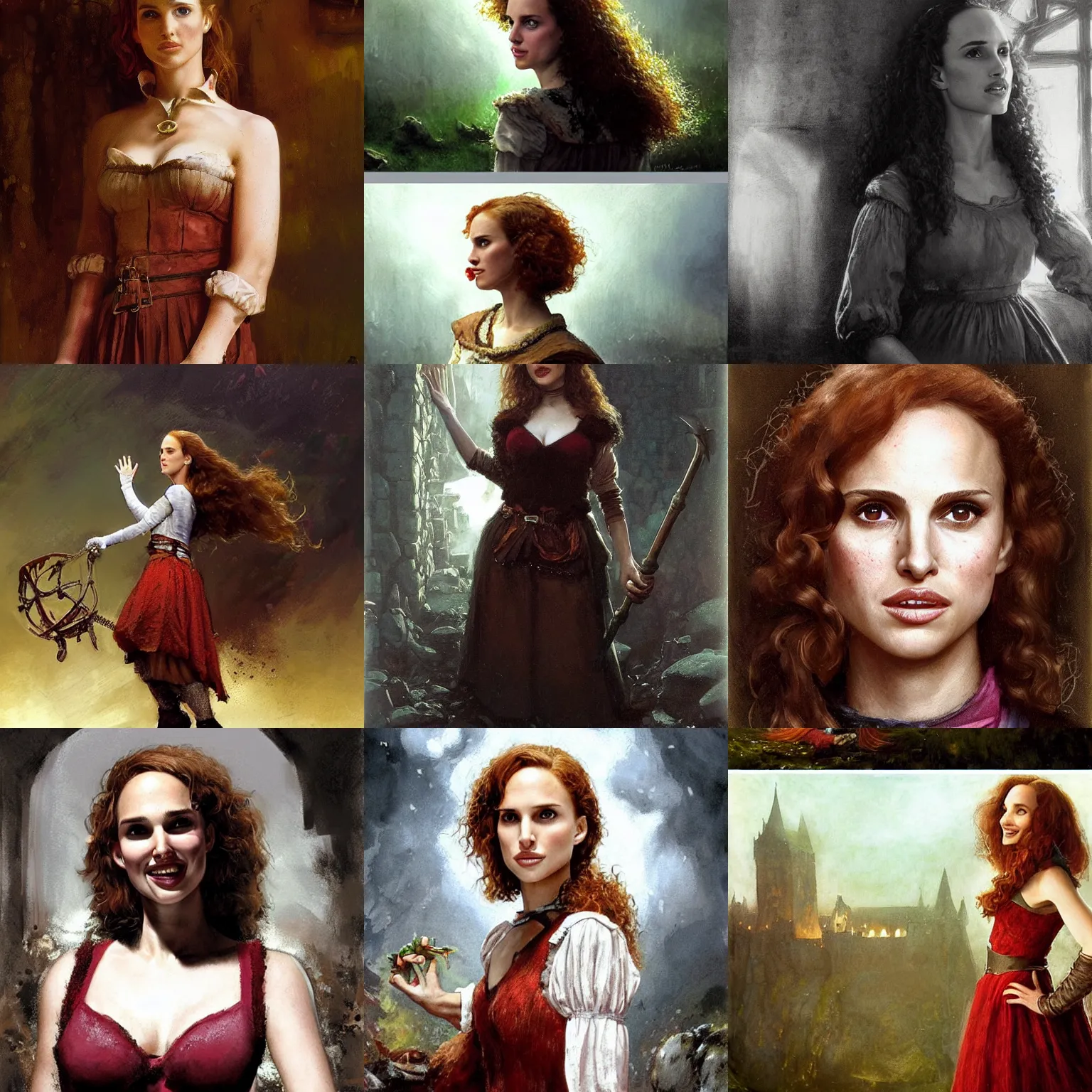 Prompt: young, freckled, curly haired, redhead natalie portman as a optimistic!, lively, giddy medieval innkeeper in a dark medieval inn. dark shadows, colorful, ( ( ( chiaroscuro lighting ) ) ), law contrasts, fantasy concept art by jakub rozalski, jan matejko, and j. dickenson