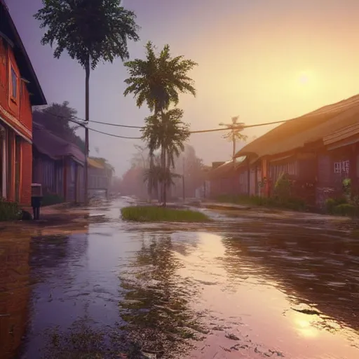 Prompt: still photo of rain puddles and reflections in an indian village, cloudy weather, highly detailed, photorealistic shot, bright studio setting, studio lighting, crisp quality and light reflections, unreal engine 5 quality render