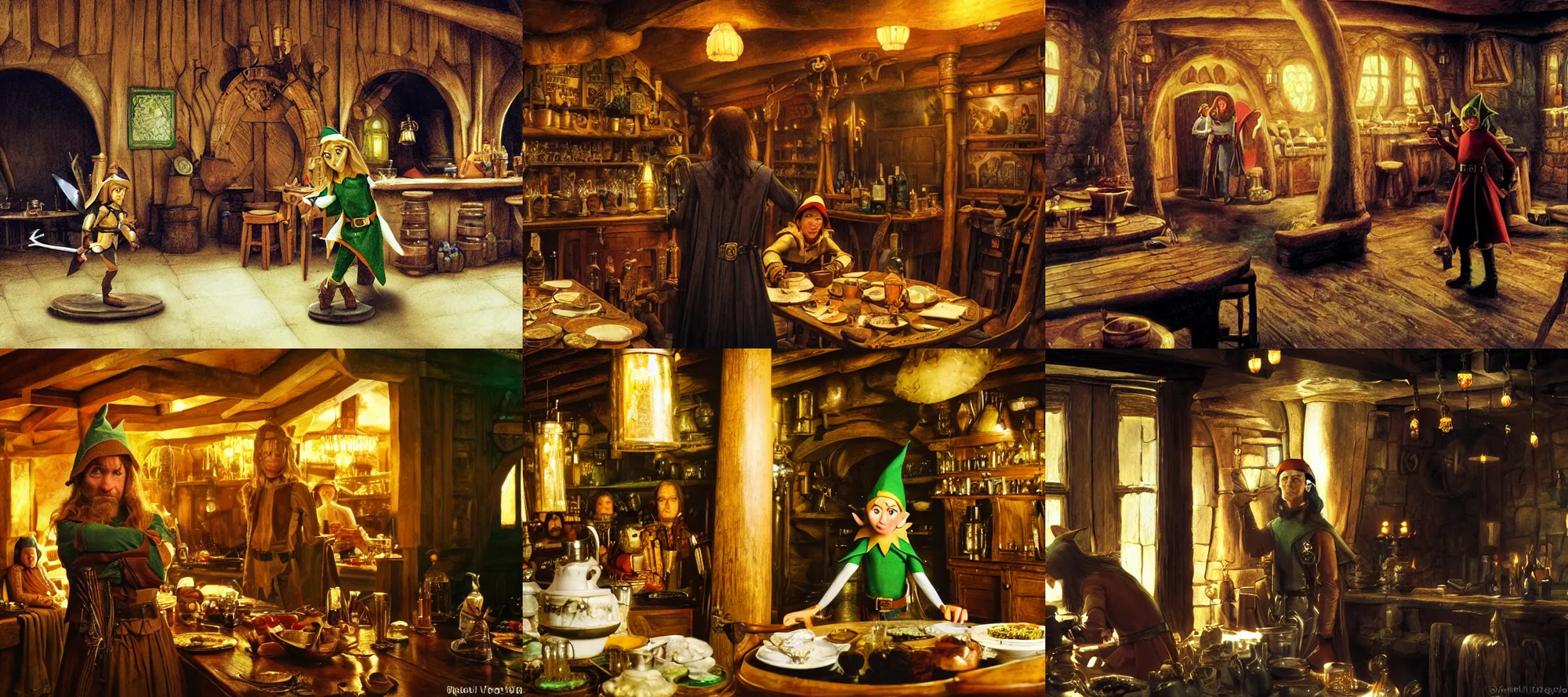 Prompt: an elf in a tavern that looks like it's from lord of the rings and bazaar by ralph mcquarrie, ultrawide angle, f 1 6, golden ratio, f 3 2, well composed, cohesive