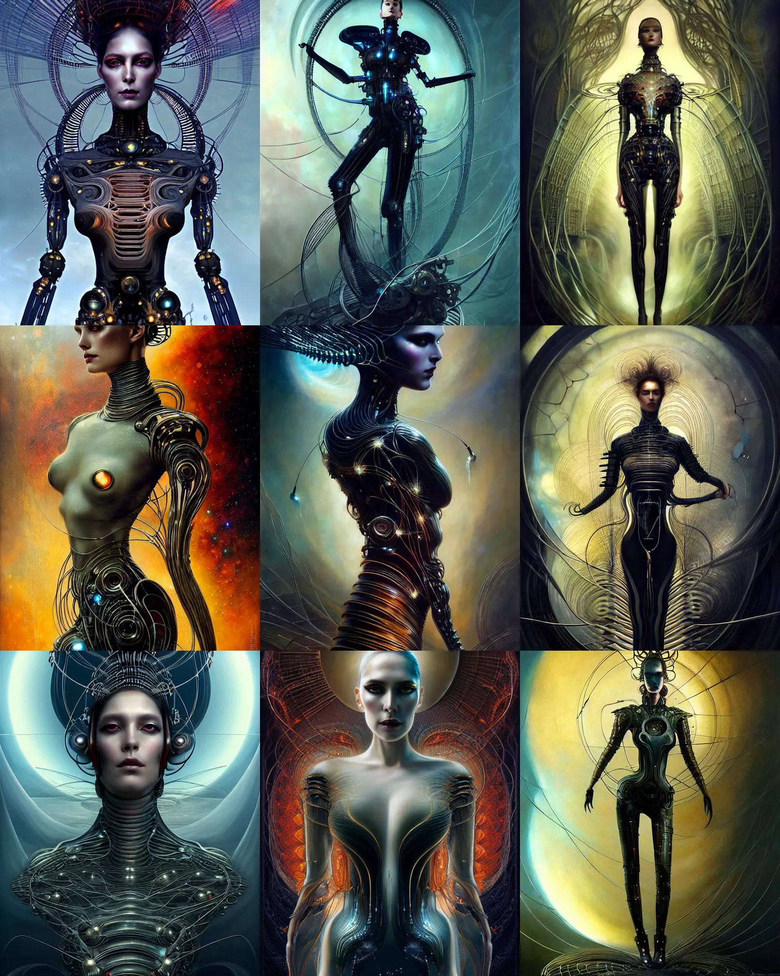 Prompt: karol bak and tom bagshaw and lecouffe - deharme full body character portrait of the borg queen of sentient parasitic flowing ai, floating in a powerful zen state, supermodel, beautiful and ominous, wearing combination of mecha and bodysuit made of wires and fractal ceramic, machinery enveloping nature in the background, artstation scifi character render