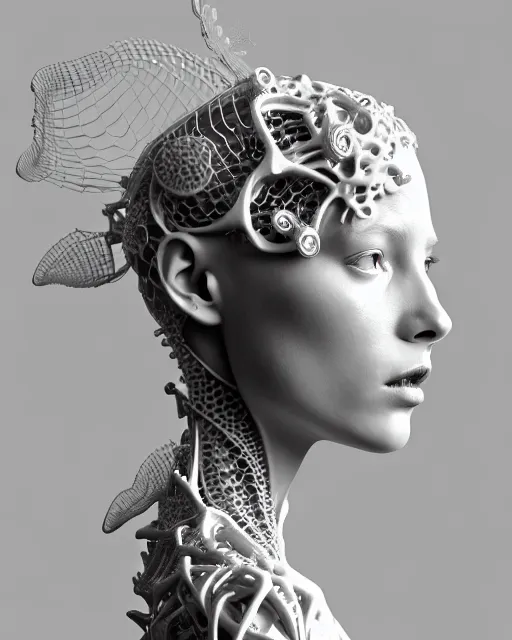 Image similar to bw 3 d render, stunning beautiful young cute biomechanical albino female cyborg with a porcelain profile face, angelic, rim light, big leaves and stems, roots, fine foliage lace, alexander mcqueen, art nouveau fashion embroidered, steampunk, silver filigree details, hexagonal mesh wire, mandelbrot fractal, elegant, artstation trending