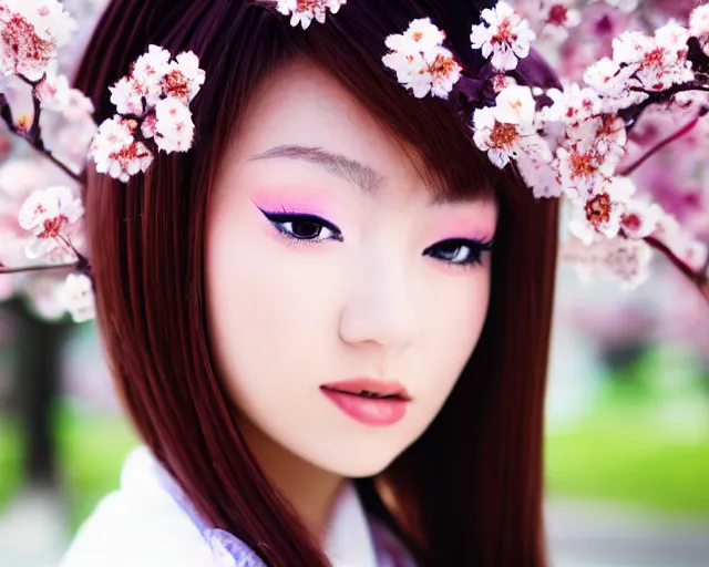 Image similar to close up portrait of an japanese gyaru with beautiful face and modern clothes, sakura blooming in the background, bokeh, depth of field, dramatic lighting, cinematic, vivid colors, matte painting, vivid color scheme, trending on pixiv