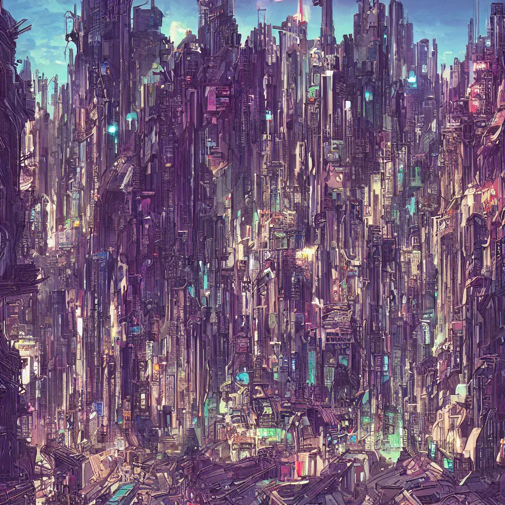 Image similar to a cyberpunk city, digital painting by moebius