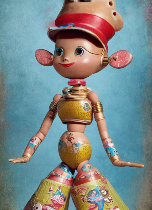 Image similar to closeup profile portrait of tin toy genie, jeannie, bikini, depth of field, zeiss lens, detailed, symmetrical, centered, fashion photoshoot, by nicoletta ceccoli, mark ryden, lostfish, breathtaking, 8 k resolution, extremely detailed, beautiful, establishing shot, artistic, hyperrealistic, octane render
