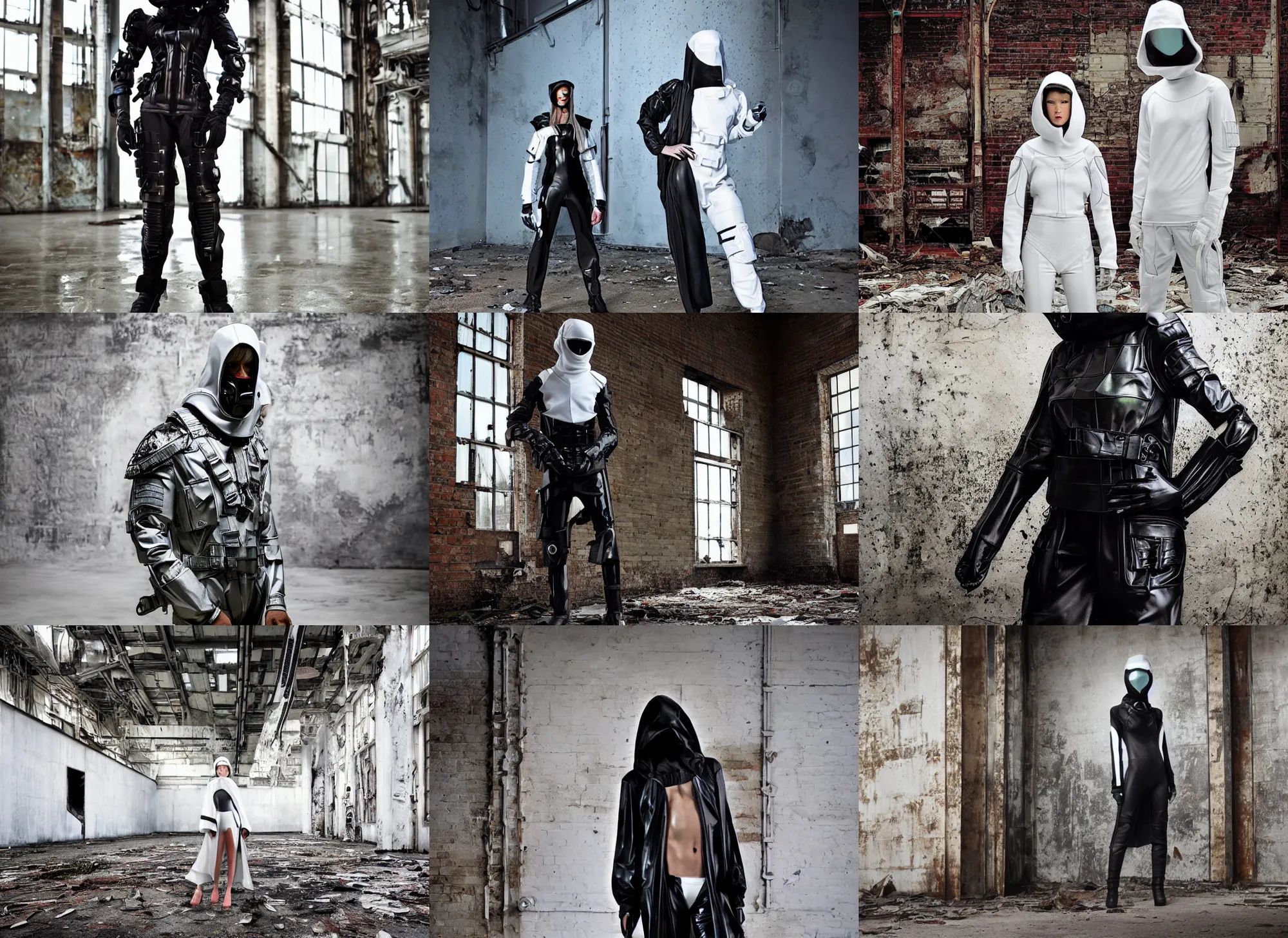 Prompt: beautiful fashion model with white sci - fi tactical gear, black leather garment, hologram sci - fi hood, full shot fashion photography, moldy abandoned factory, by irving penn and storm thorgerson, ren heng, peter elson