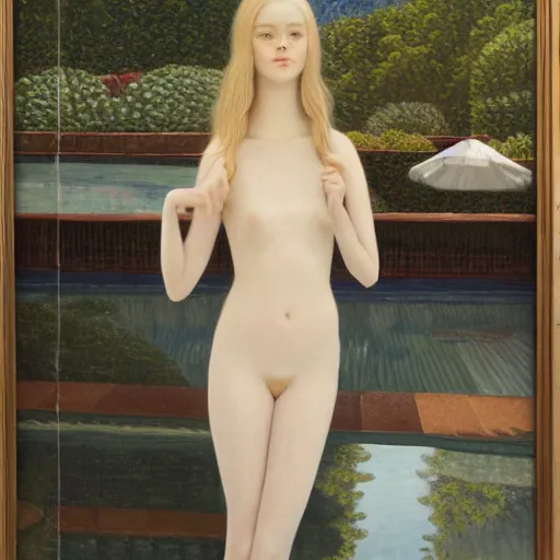 Image similar to Painting of Elle Fanning at the pool, long blonde hair, delicate, pale milky white porcelain skin, by Grant Wood. 8K. Extremely detailed.