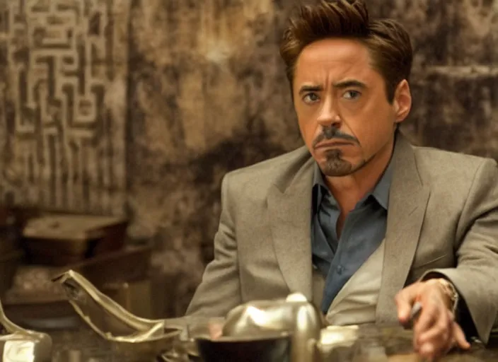 Prompt: film still of Robert Downey Jr as Cobb in an ancient chinese temple in Inception, 4k