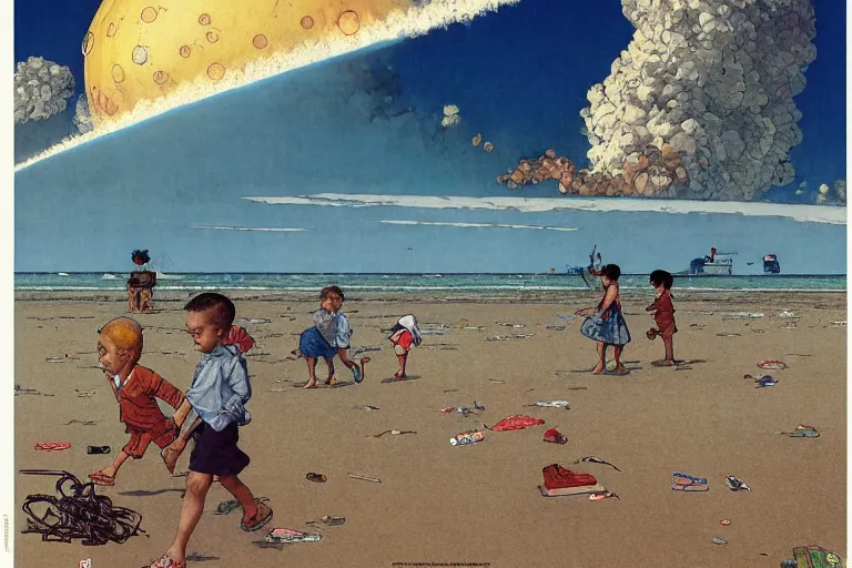 Image similar to children playing at empty beach, huge atomic explosion in the background, wide angle shot, oil on canvas by norman rockwell, by mattias adolfsson, by moebius and satoshi kon, hd, 4 k, high quality,