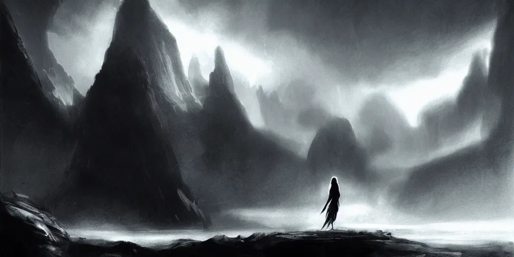 Image similar to epic portrait cinematic shot an female with large sword runnning in a cave of an giant, cloudy, foggy, storm, night setting. realistic shaded lighting poster by craig mullism, radiant light digital art, trending on art station kvlt by peder balke by guido crepax by norman bluhm mystic high contrast monochromatic noir