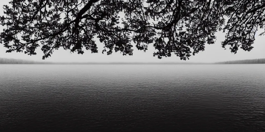 Image similar to centered photograph of a long rope snaking across the surface of the water, stretching out towards the center of the lake, a dark lake on a cloudy day, mood, trees in the background, anamorphic lens
