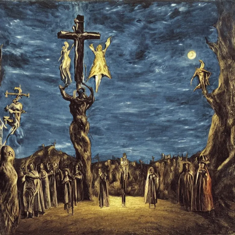 Image similar to A Holy Week procession of four souls in a Spanish landscape at night. A figure at the front holds a cross. El Greco, Remedios Varo, Salvador Dali, Carl Gustav Carus, John Atkinson Grimshaw. Blue tint.
