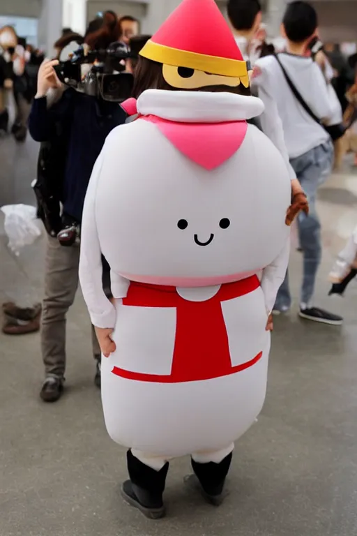 Image similar to 35mm of a very cute, simple minimal, adorable and creative Japanese mascot character costume, full body and head view, very magical and dreamy, designed by Gucci and Wes Anderson, kawaii, magical details