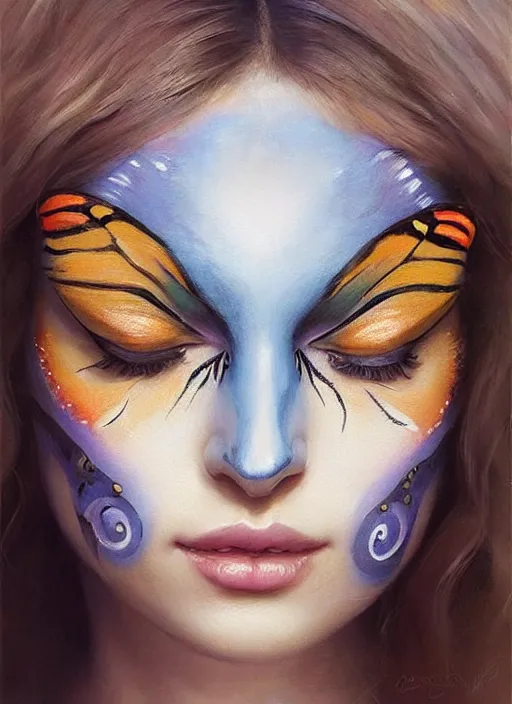 Prompt: a woman with her face painted like a butterfly. butterfly face painting. beautiful highly detailed face. painting by artgerm and greg rutkowski and magali villanueve.