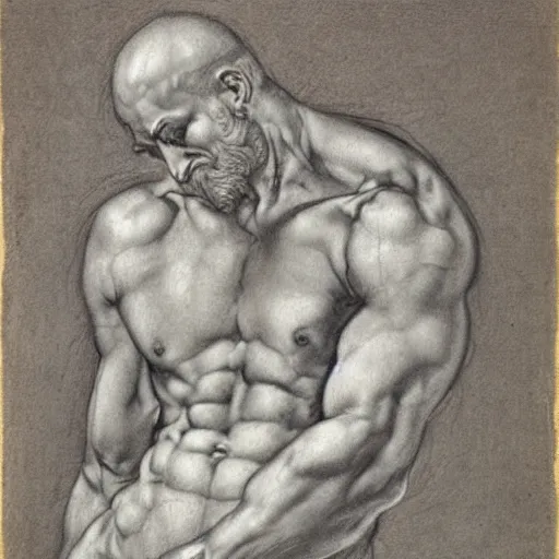 Prompt: Chalk drawing study of a man, musculature, Michelangelo, 17th-century, spontaneous linework, academic pose, highly masterful, detailed