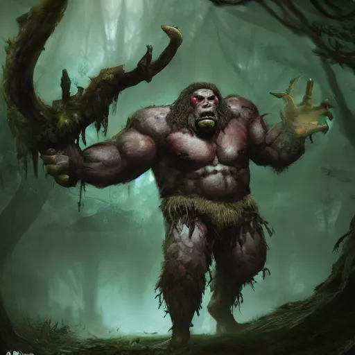 Image similar to an ettin from dnd in a dark forest, digital art, high quality render, artstation