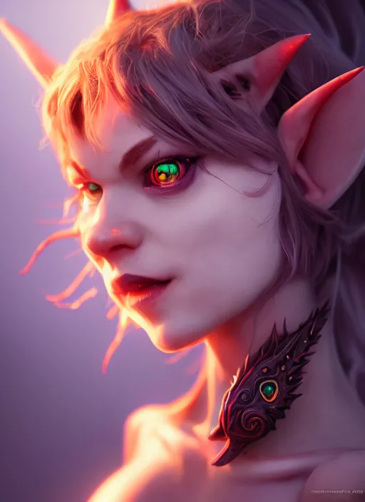 Image similar to imp demon goddess, cute elf ears, strapless dress, character portrait in the style of thomas river and artgerm, cinematic lighting, hyperdetailed, 8 k realistic, symmetrical, global illumination, radiant light,, frostbite 3 engine, cryengine, dof, trending on artstation, digital art, chanel