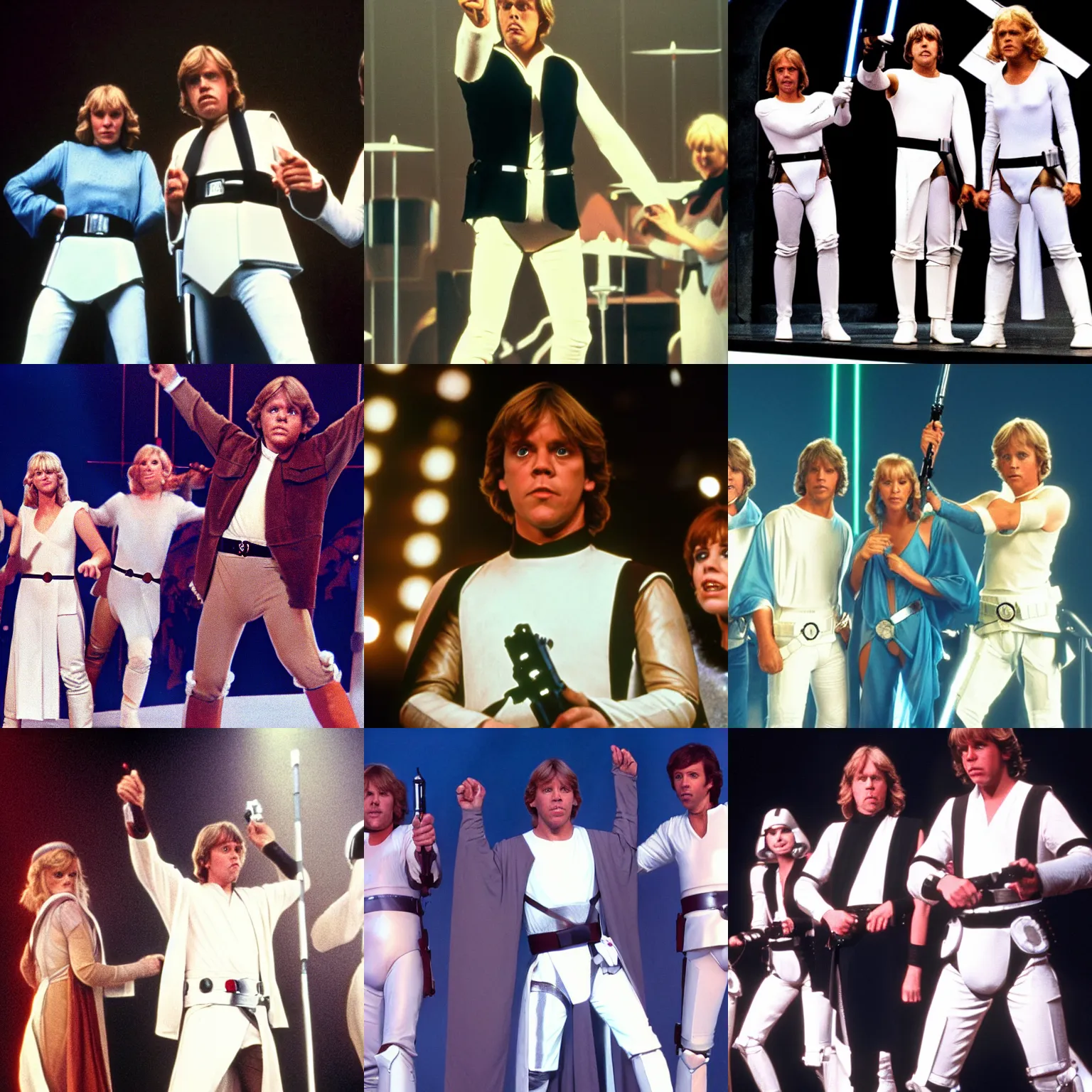 Prompt: luke skywalker on stage performing alongside abba