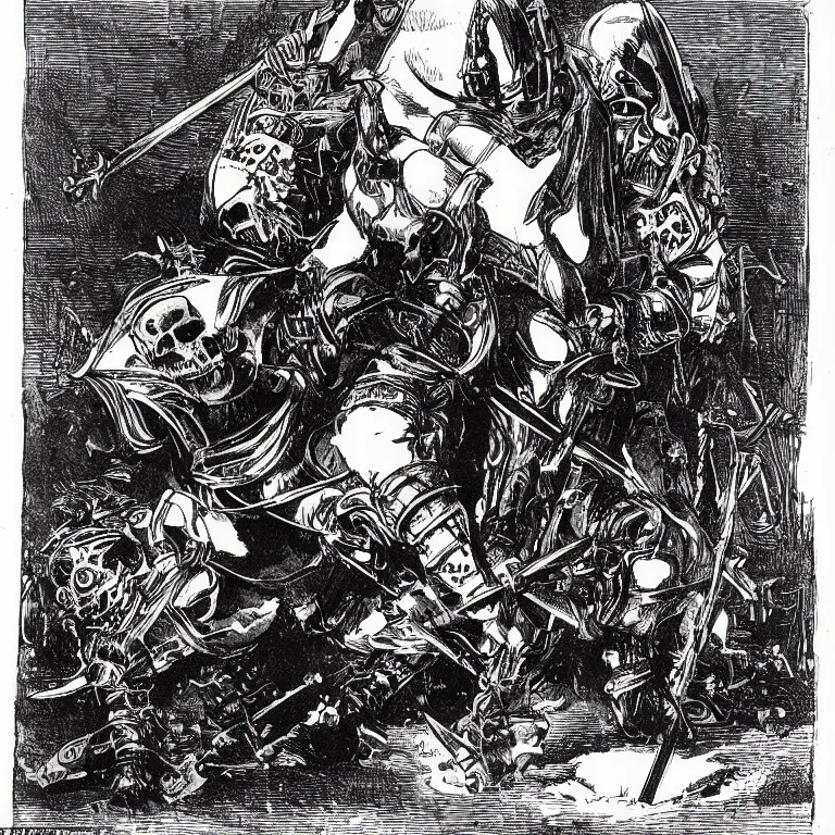 Prompt: a walther caspari illustartion in lustige blatter in 1 8 9 9 of a barbarian armored with swords and metal skulls, black and white pen an ink drawing