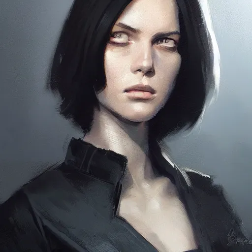 Image similar to portrait of a woman by greg rutkowski, anya solo, black bob hair, tall and slender, star wars expanded universe, wearing a black flying jacket, she is about 2 0 years old, highly detailed portrait, digital painting, artstation, concept art, smooth, sharp foccus ilustration, artstation hq