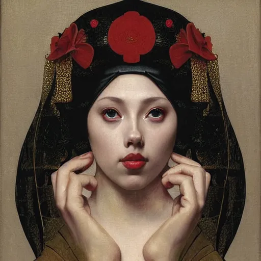 Prompt: front symmetrical face of very young scarlet johansson in japanese costume, victorian period mask, by jan van eyck, tom bagshaw, jean delville, william bouguereau, albrecht durer, symbolist painting, mysterious mood