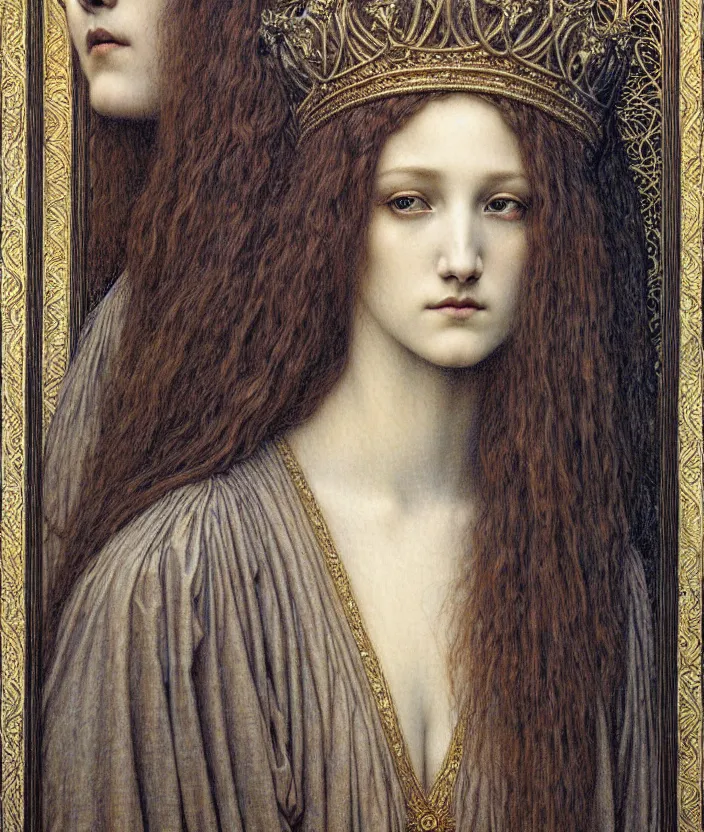 Image similar to detailed realistic beautiful young medieval queen face portrait by jean delville, gustave dore and marco mazzoni, art nouveau, symbolist, visionary, gothic, pre - raphaelite. horizontal symmetry