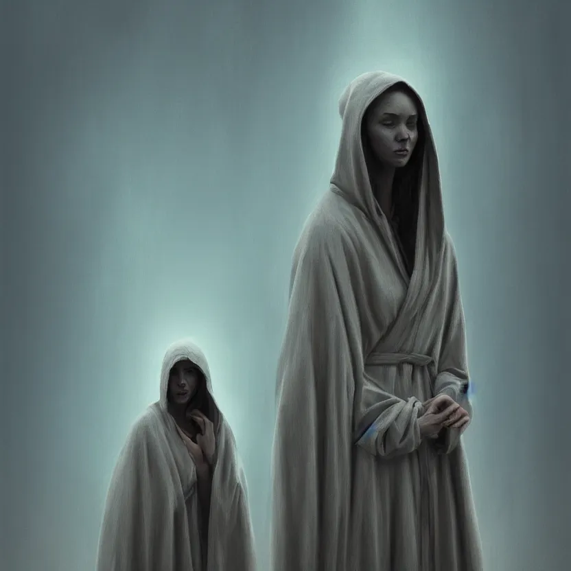 Image similar to Portrait of a young woman wearing a hooded robe, anatomically correct, perfect face, cinematic lighting, candid, intricate, elegant, highly detailed digital painting, trending on Artstation, concept art, smooth, sharp focus, illustration and art by Beksinski, by Simon Stalenhag