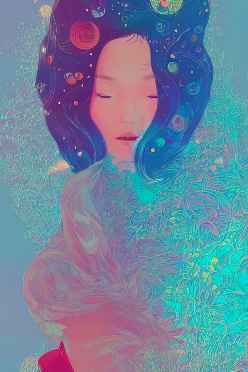Prompt: portrait of beautiful young asian girl, artstation winner by victo ngai, kilian eng and by jake parker, by conrad roset, swirly vibrant color lines, winning award masterpiece, fantastically gaudy, aesthetic octane render, 8 k hd resolution