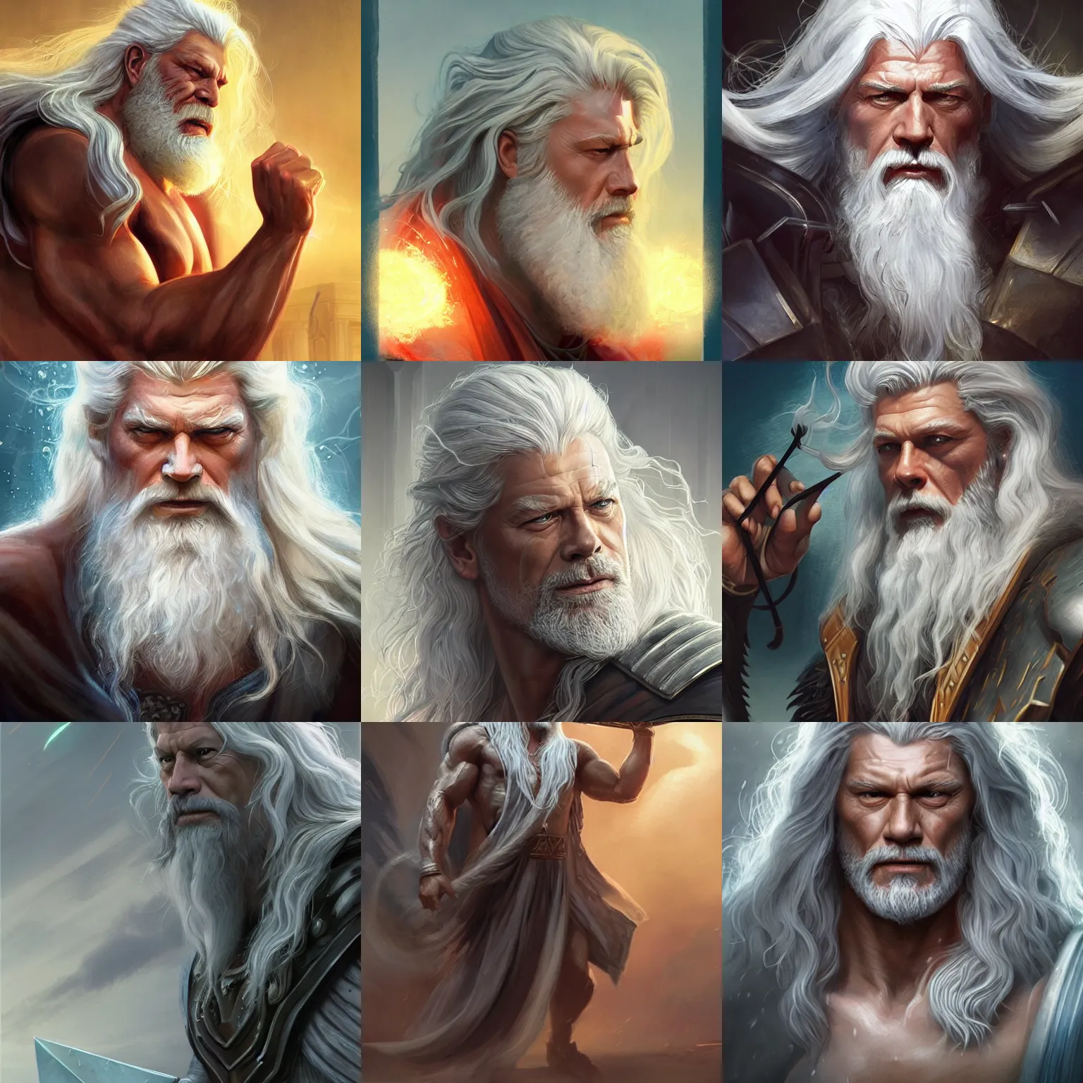 Image similar to zeus, god of thunder, stephen lang, long white hair, lightning, D&D, fantasy, highly detailed, digital painting, trending on artstation, concept art, sharp focus, illustration, art by artgerm and greg rutkowski and magali villeneuve