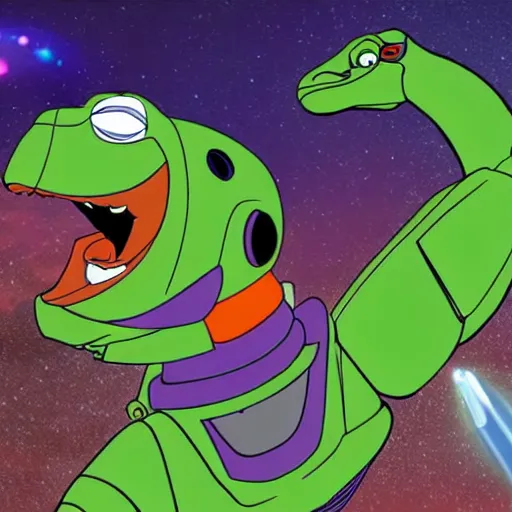 Image similar to buzz lightyear, riding a velociraptor who is shooting a laser of rabbits out of its mouth