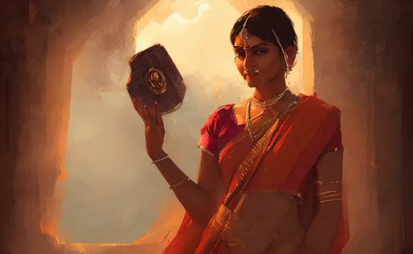 Prompt: a painting of a beautiful indian woman trending on artstation in the style of greg rutkowski