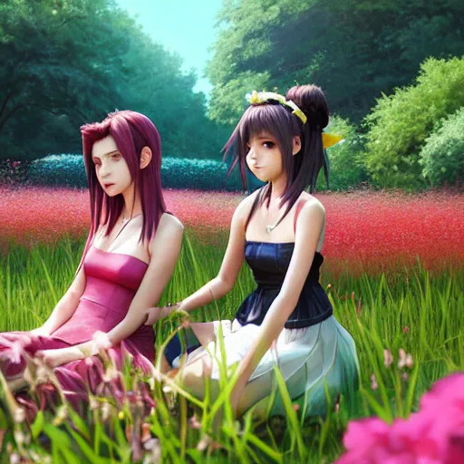 Prompt: aerith and yuffie from final fantasy 7 remake sitting in a flower field by ilya kuvshinov, rtx reflections, maya, extreme high intricate hyperrealistic details by wlop, digital art by ross tran, medium shot, composition by sana takeda, dramatic lighting by greg rutkowski