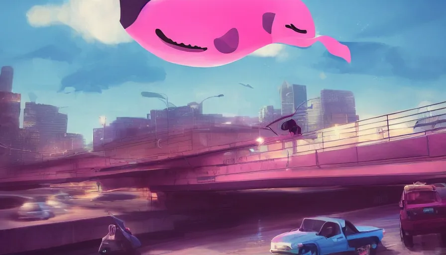 Prompt: a giant pink whale falling out of a blue sky onto cars on a busy bridge, cinematic lighting, artstation, establishing shot, wow