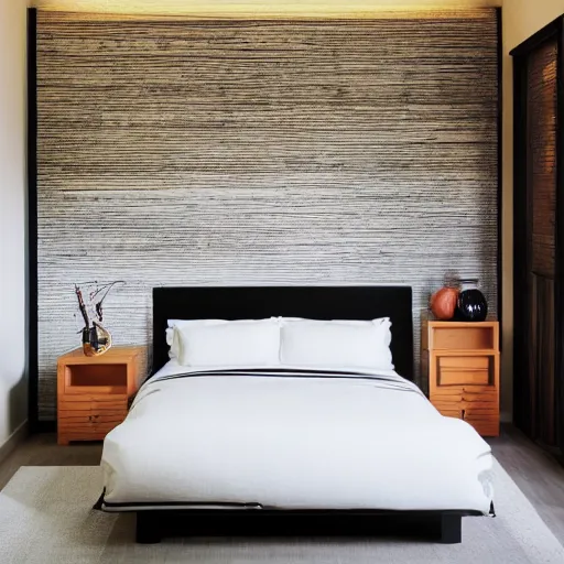 Image similar to bedroom, stone, interior design, stylish luxury hotel bedroom design, yakisugi, black vertical slatted timber, textures, feminine, black walls, art, Japanese pottery vase with flowers, kakejiku, seasonal, Japanese influences